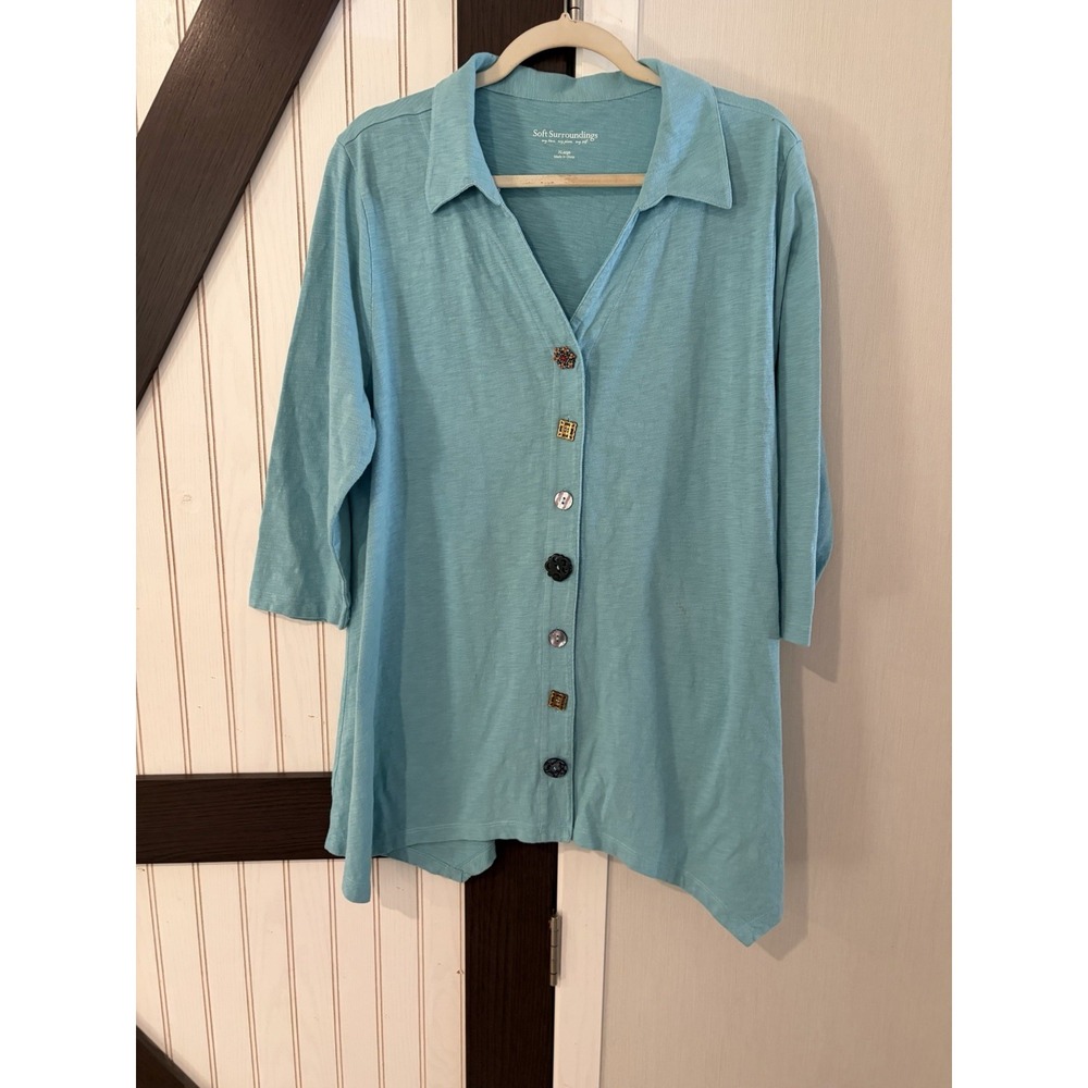 Soft Surroundings Danielle Teal Cotton Tunic Eclectic Buttons XL 28157